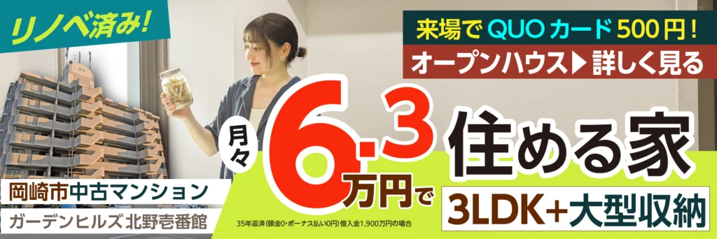 北野壱番館6.3万円 岡崎市中古マンション（リノベ済）販売。３LDK＋大型収納